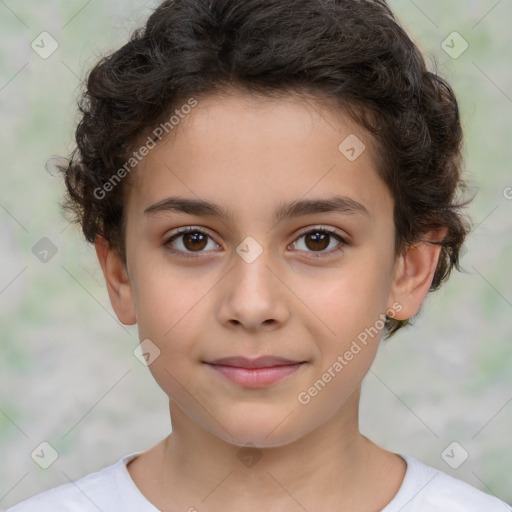 Joyful white child female with short  brown hair and brown eyes