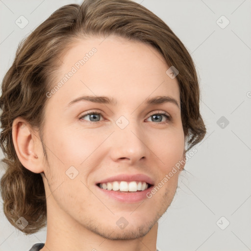 Joyful white young-adult female with medium  brown hair and green eyes