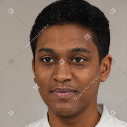 Neutral black young-adult male with short  black hair and brown eyes