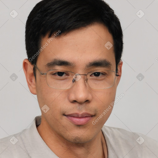 Neutral asian young-adult male with short  black hair and brown eyes