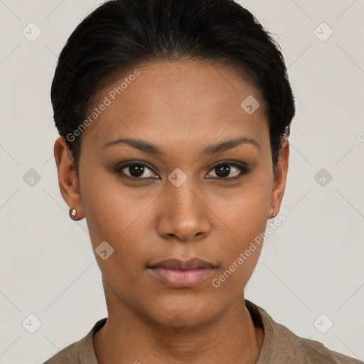 Neutral latino young-adult female with short  brown hair and brown eyes