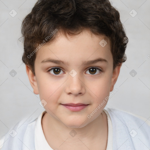 Joyful white child male with short  brown hair and brown eyes