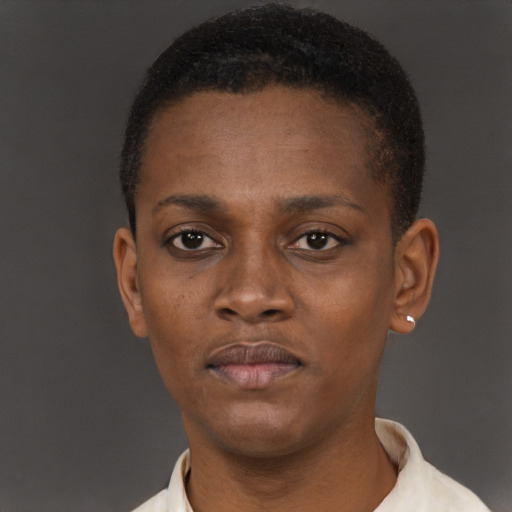 Neutral black young-adult female with short  brown hair and brown eyes