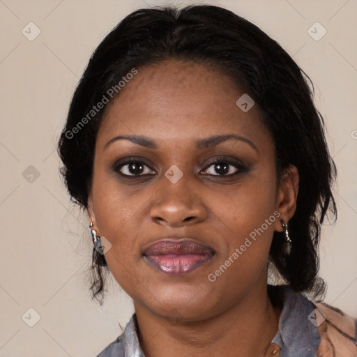 Joyful black young-adult female with medium  black hair and brown eyes