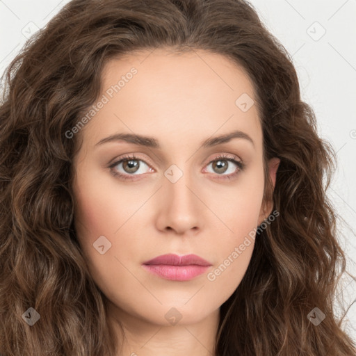 Neutral white young-adult female with long  brown hair and brown eyes