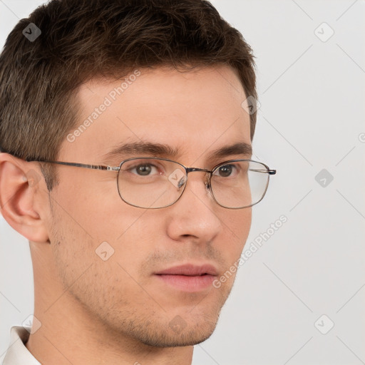 Neutral white young-adult male with short  brown hair and brown eyes