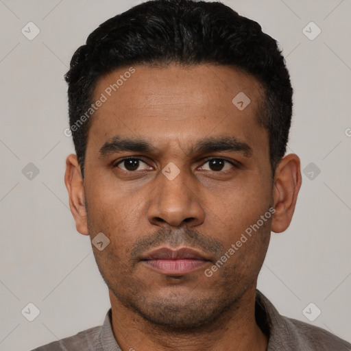 Neutral latino young-adult male with short  black hair and brown eyes