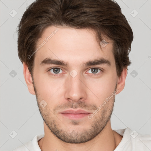 Neutral white young-adult male with short  brown hair and brown eyes