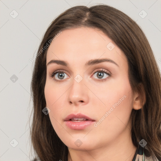 Neutral white young-adult female with medium  brown hair and brown eyes