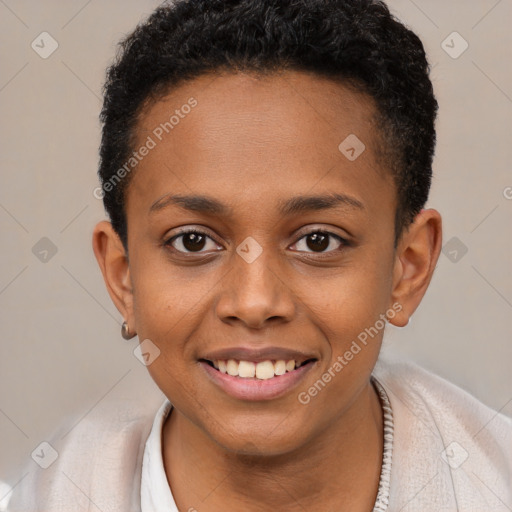 Joyful black young-adult female with short  brown hair and brown eyes