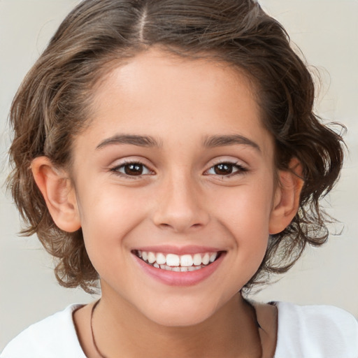 Joyful white child female with medium  brown hair and brown eyes