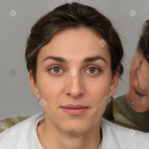 Neutral white young-adult female with medium  brown hair and brown eyes