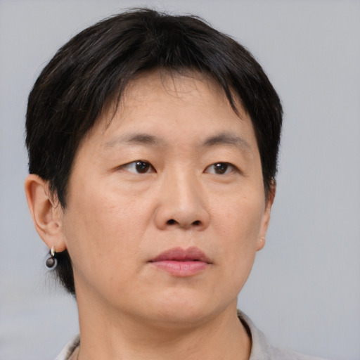 Neutral asian adult male with short  brown hair and brown eyes
