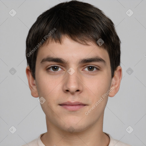 Neutral white young-adult male with short  brown hair and brown eyes