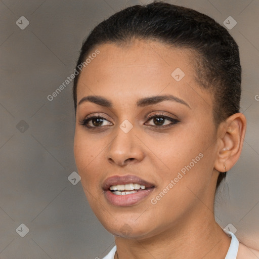Joyful white young-adult female with short  brown hair and brown eyes