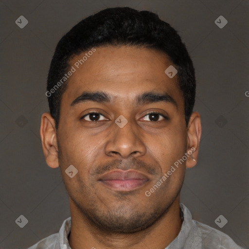 Joyful latino young-adult male with short  brown hair and brown eyes