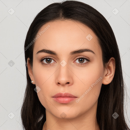 Neutral white young-adult female with long  black hair and brown eyes