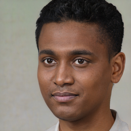 Neutral black young-adult male with short  black hair and brown eyes