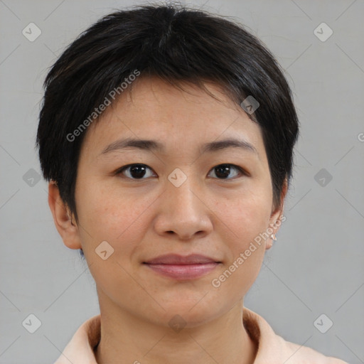 Joyful asian young-adult female with short  brown hair and brown eyes