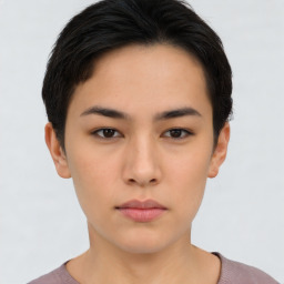 Neutral asian young-adult female with short  brown hair and brown eyes