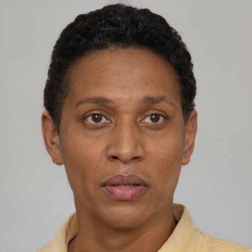 Neutral latino adult female with short  brown hair and brown eyes