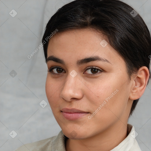 Neutral white young-adult female with short  brown hair and brown eyes