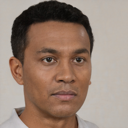 Neutral black young-adult male with short  black hair and brown eyes