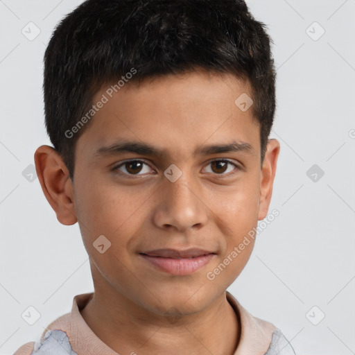 Joyful latino young-adult male with short  brown hair and brown eyes