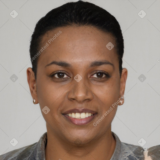 Joyful black young-adult female with short  black hair and brown eyes