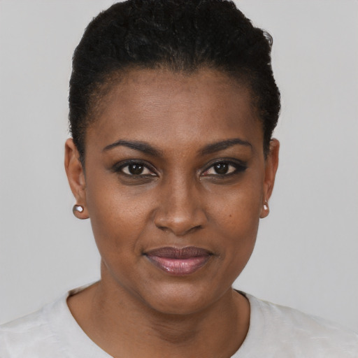 Joyful black young-adult female with short  black hair and brown eyes