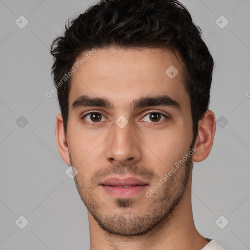 Neutral white young-adult male with short  brown hair and brown eyes