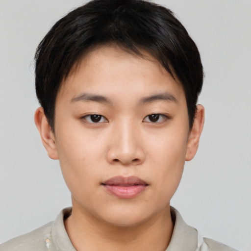 Neutral asian young-adult female with short  brown hair and brown eyes