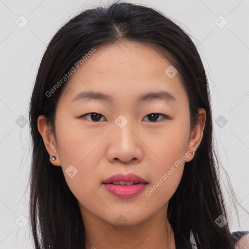 Neutral asian young-adult female with long  brown hair and brown eyes