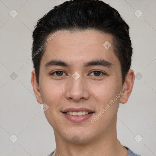 Joyful white young-adult male with short  black hair and brown eyes