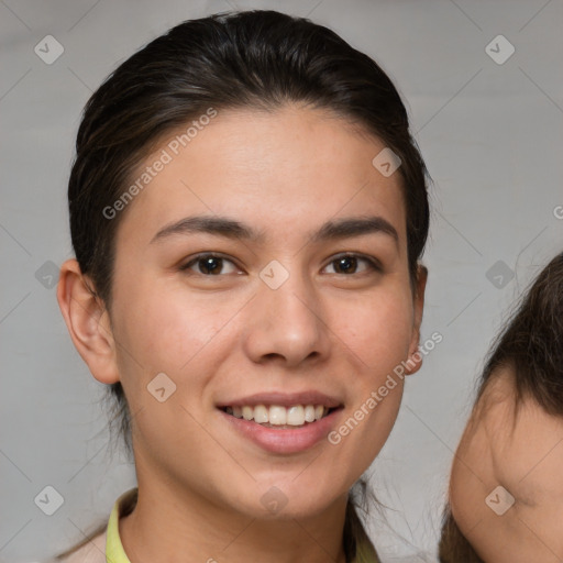 Joyful white young-adult female with medium  brown hair and brown eyes