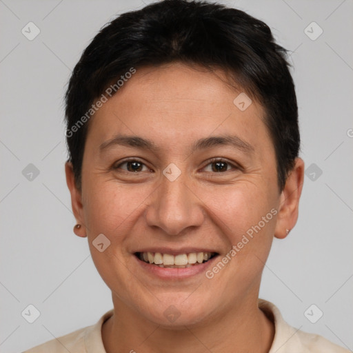 Joyful white adult female with short  brown hair and brown eyes