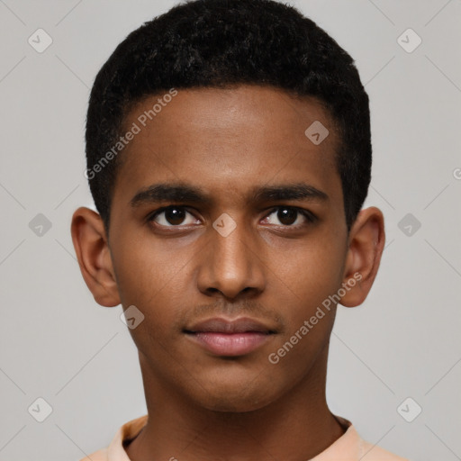 Neutral latino young-adult male with short  black hair and brown eyes