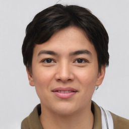 Joyful asian young-adult male with short  brown hair and brown eyes