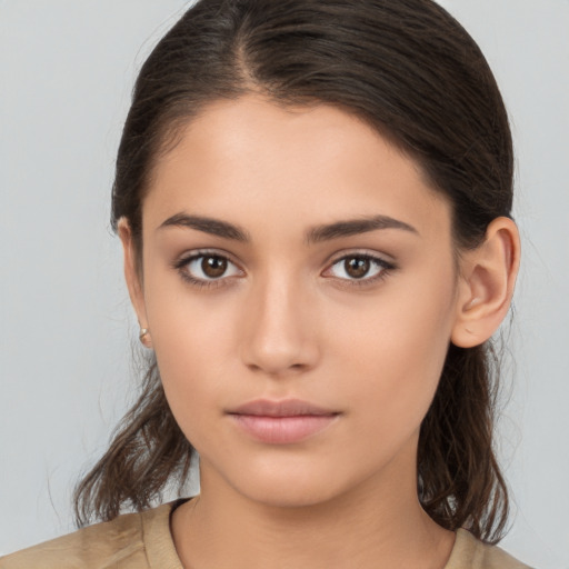 Neutral white young-adult female with medium  brown hair and brown eyes