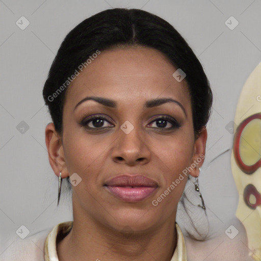 Joyful latino young-adult female with medium  brown hair and brown eyes