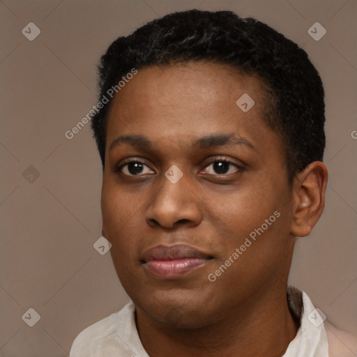 Neutral black young-adult female with short  black hair and brown eyes
