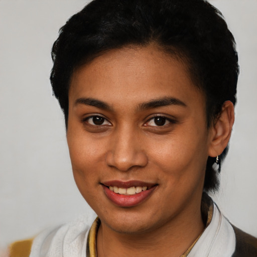 Joyful latino young-adult female with short  brown hair and brown eyes