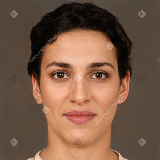 Joyful white young-adult female with short  brown hair and brown eyes