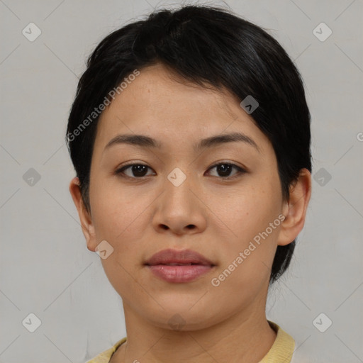 Neutral asian young-adult female with short  brown hair and brown eyes