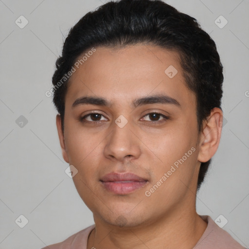 Neutral latino young-adult male with short  black hair and brown eyes