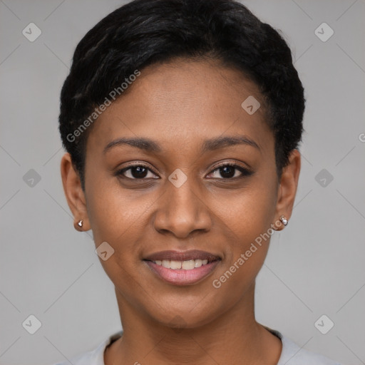 Joyful black young-adult female with short  black hair and brown eyes