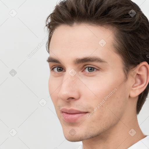 Neutral white young-adult male with short  brown hair and grey eyes