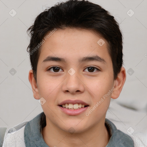 Joyful white child male with short  brown hair and brown eyes