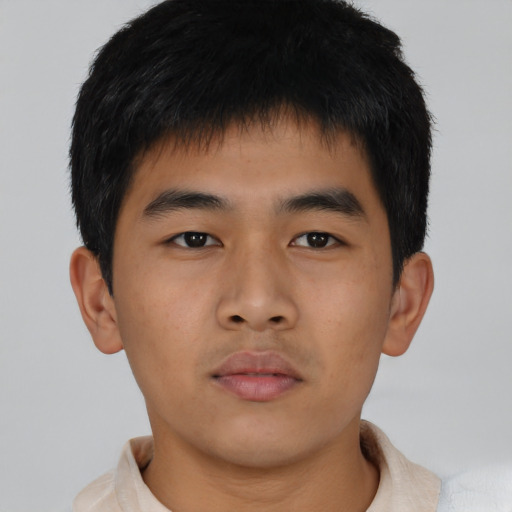 Neutral asian young-adult male with short  brown hair and brown eyes