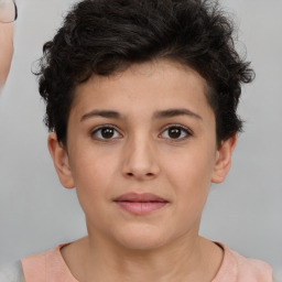 Neutral white young-adult female with short  brown hair and brown eyes